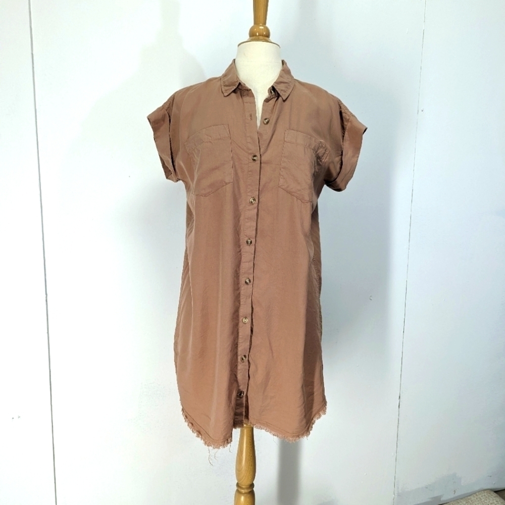 Anthropologie Thread & Supply Neutral Shirt dress Cap Sleeve  Raw Hem S Latte